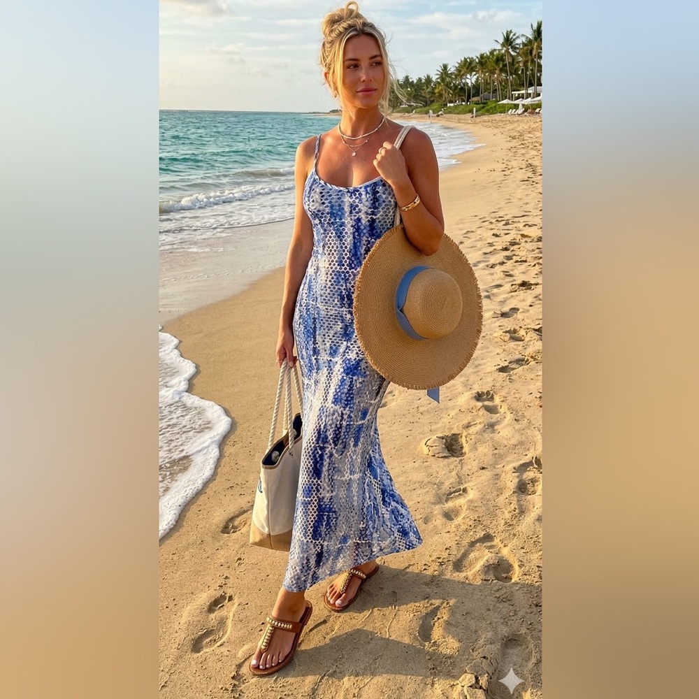 Maxi Beach cover-up Dress in Blue/white/black Mesh /lining Size Small